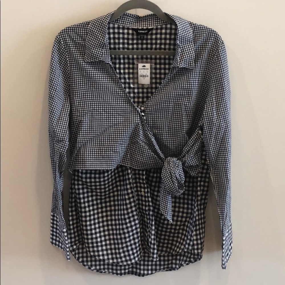 NWT Blue Mixed Gingham Tie Front Surplice Shirt. M